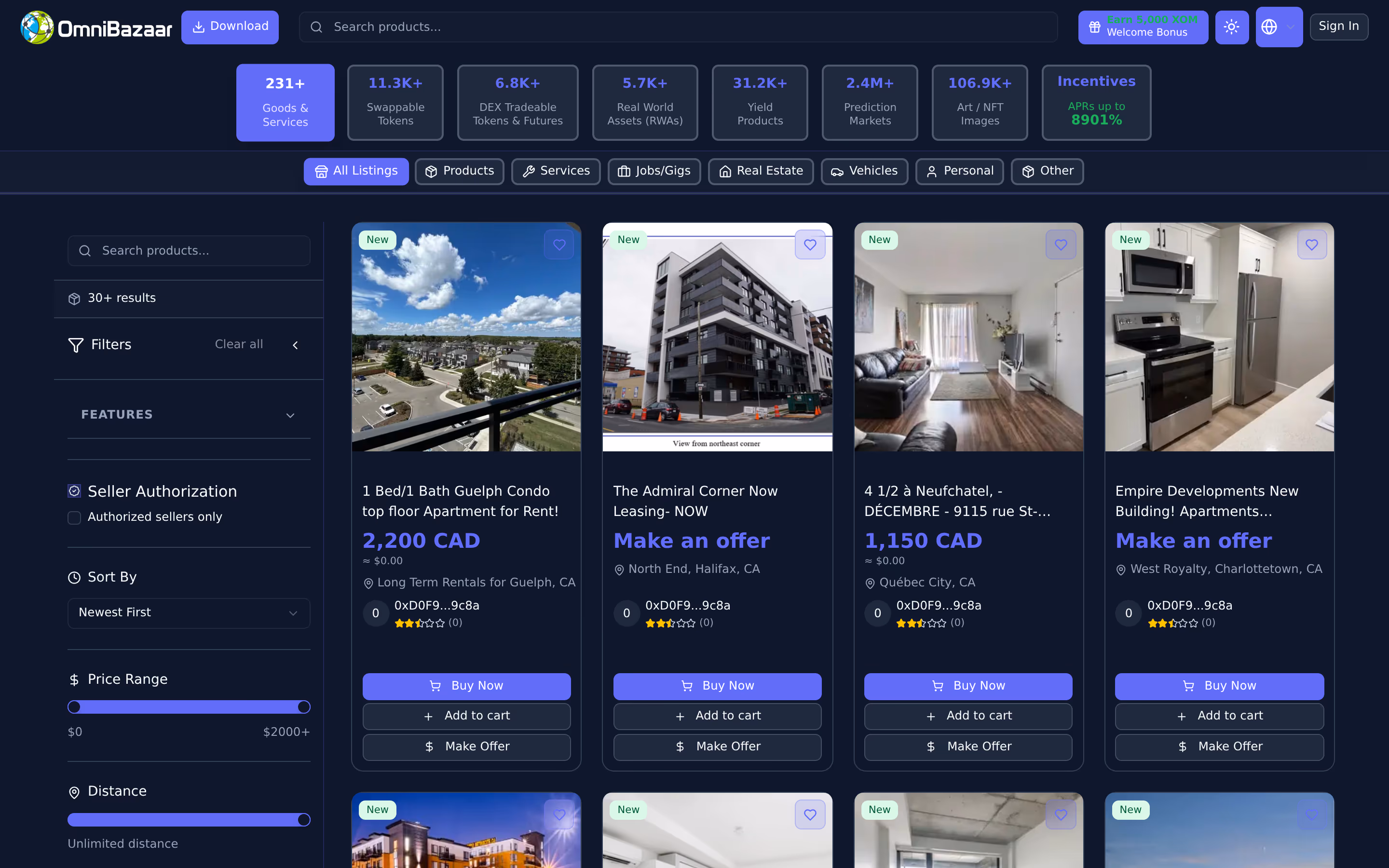 OmniBazaar marketplace listings with search and filters