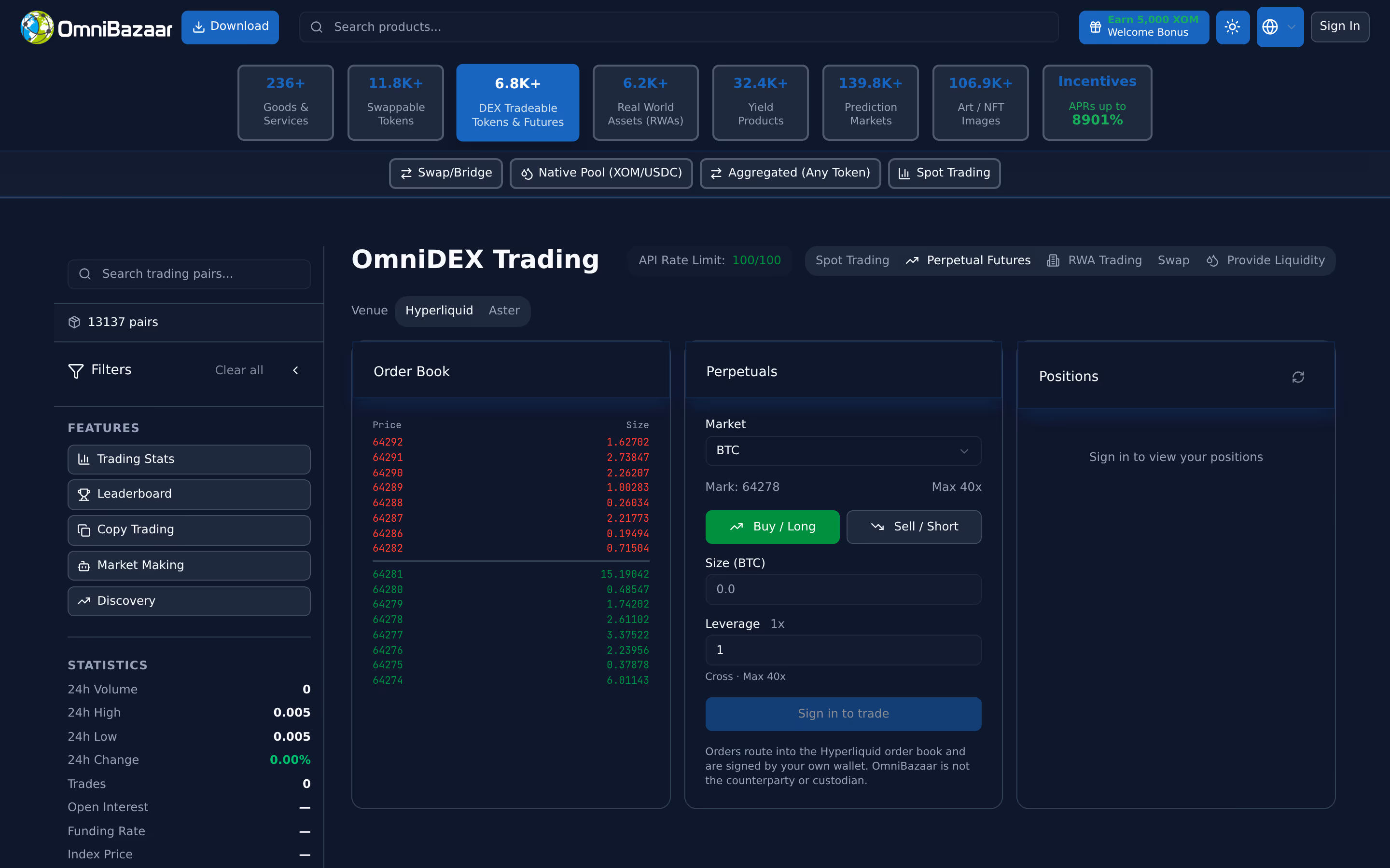 Live OmniBazaar app screenshot: Futures
