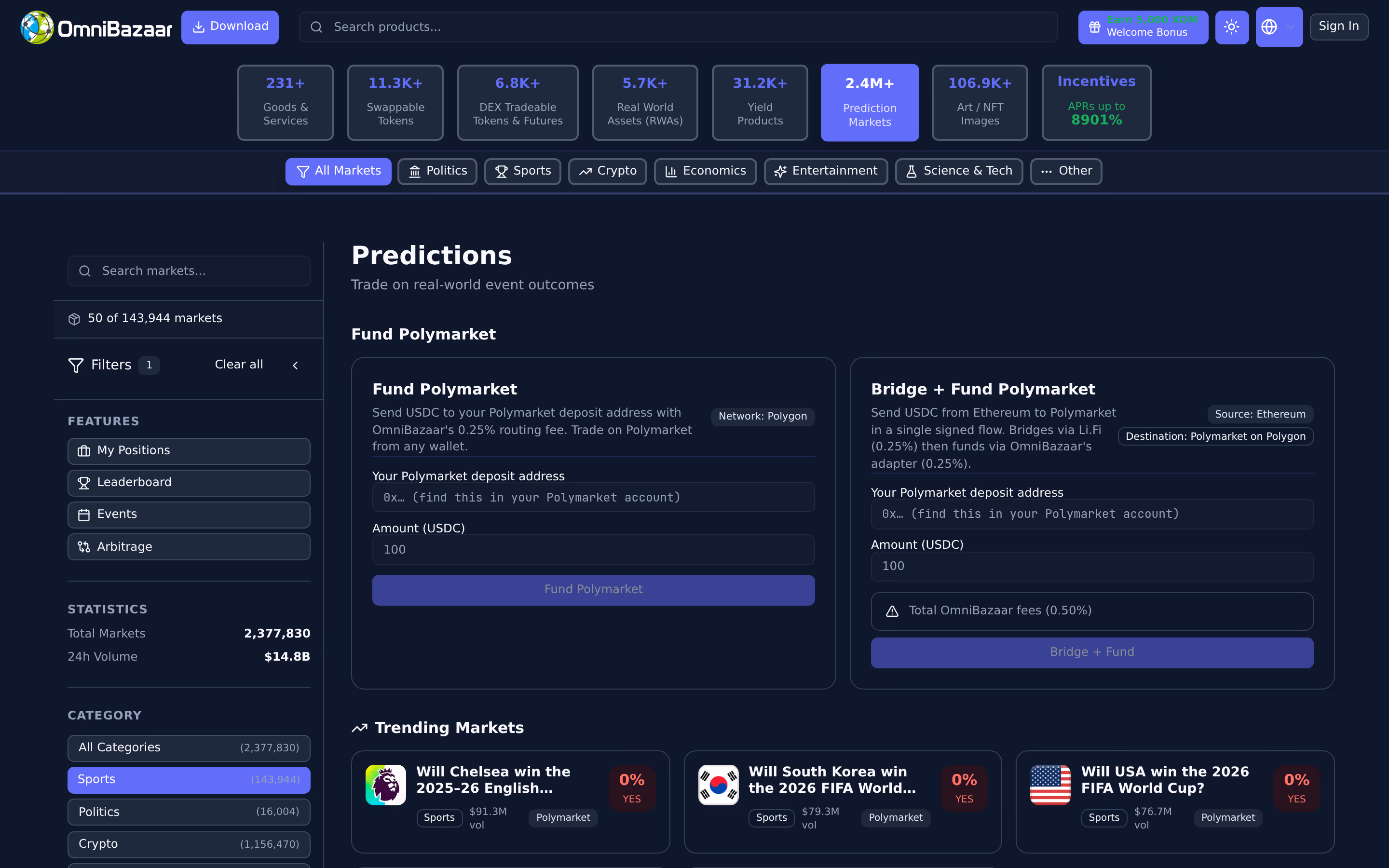 Prediction market discovery across Polymarket, Kalshi and Azuro with trending markets
