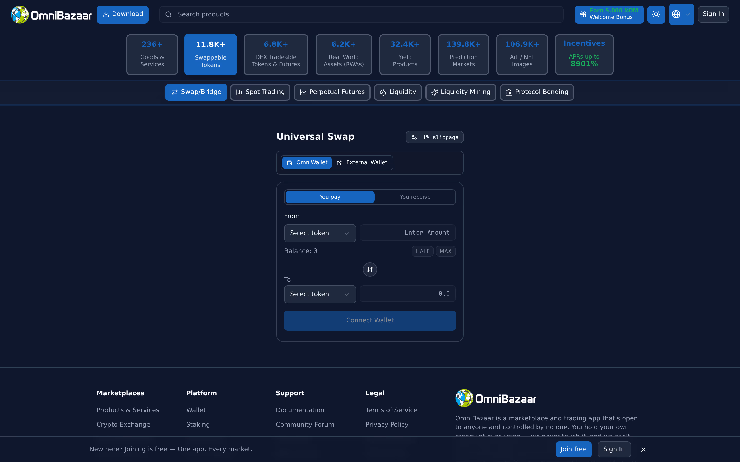 Live OmniBazaar app screenshot: Swap & move between chains