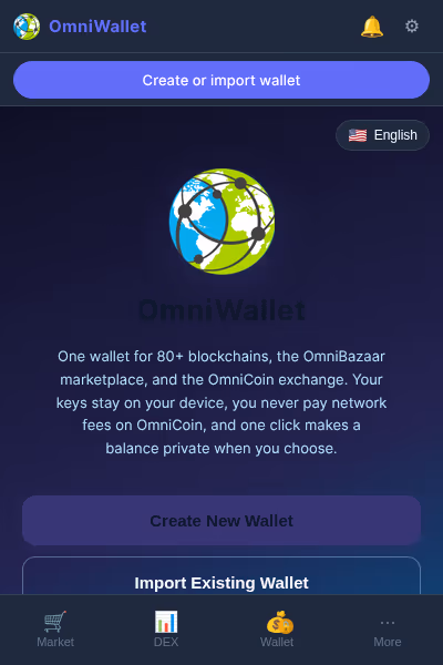 OmniBazaar wallet extension popup, onboarding screen with create or import wallet options