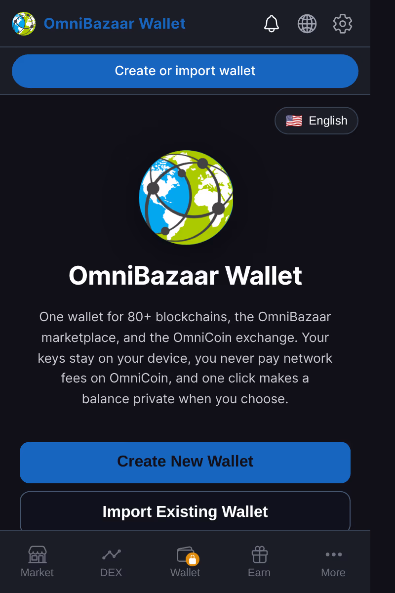 OmniBazaar wallet extension popup, onboarding screen with create or import wallet options