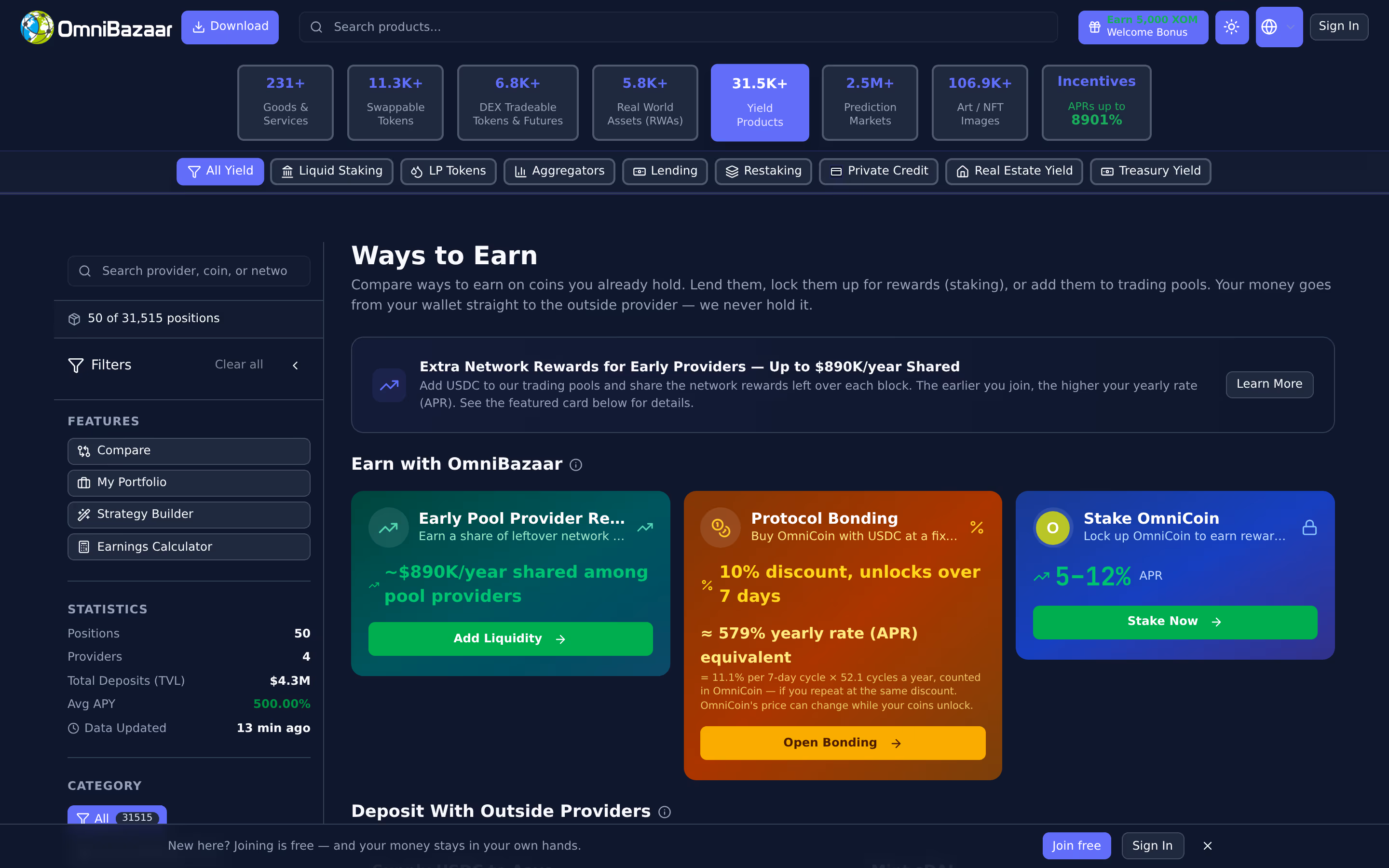 Earn & real-world assets — live OmniBazaar app screenshot